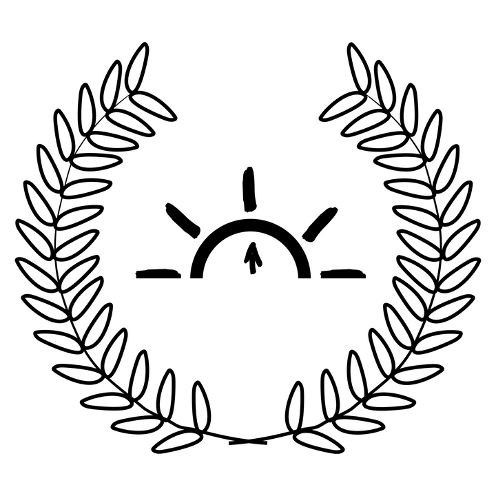A rising sun representing optimism, surrounded by olive branches